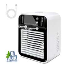 Ventilador de aire acondicionado portátil recargable por USB con función de enfriamiento, batería de 3000mAh, humidificador por pulverización, ajuste de doble velocidad, diseño compacto para uso en el hogar/oficina y comodidad al aire libre