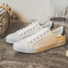 Mens Canvas Low Top Lace Up Casual Sneakers In White And Black - Sữa trắng - Xem 4
