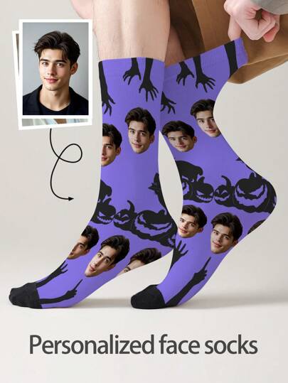 1 Pair Of Customized Face Men's Mid Tube Socks, Put Any Face On Socks, Personalized Socks For With Photos, Interesting Customized Picture Pairs With Medium To Long Socks, Suitable For Valentine's Day, Birthdays, Gift Giving, Halloweenand Other Occasions,Personalized