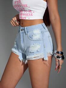 Jeanoix Pantaloni scurți din denim cu talie înaltă și rupturi și tiv brut