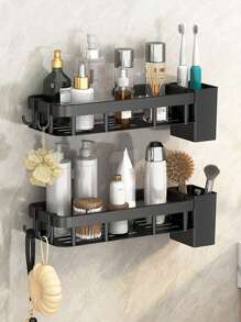 1pc Punch Free Bathroom Storage Rack With Towel Bar Home Bathroom Decor Bathroom Accessories Bathroom Organizer Fall Decor Back To School,Bathroom Accessories, Bathroom Shelf, Bathroom Organizer, Organizer, Makeup Organizer, Shelf, Kitchen Organizer