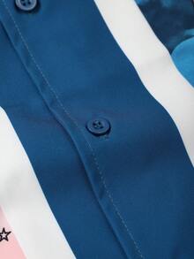 男士休闲抽象印花衬衫短裤套装（夏季款） - 藍色 - 查看 7