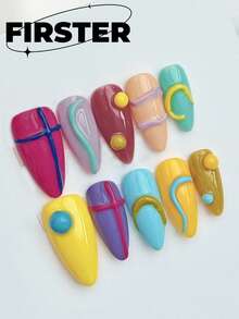 10 件可爱手工按压式可穿戴美甲，3D 手绘线条图案设计，杏仁色多巴胺美甲，美甲创意趣味全覆盖假指甲产品按压式指甲美甲用品指甲 - 彩色 - 查看 2