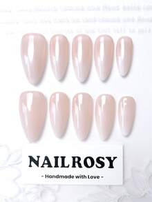 nailrosy 10片装手工美甲套装，中号杏仁色、牛奶白色、法式美甲用品，沙滩必备，假指甲贴片，美甲工具贴纸，可爱短款假指甲，亚克力宝石装饰，适合派对、舞蹈、生日礼物、婚礼等场合。 - 粉色 - 查看 3
