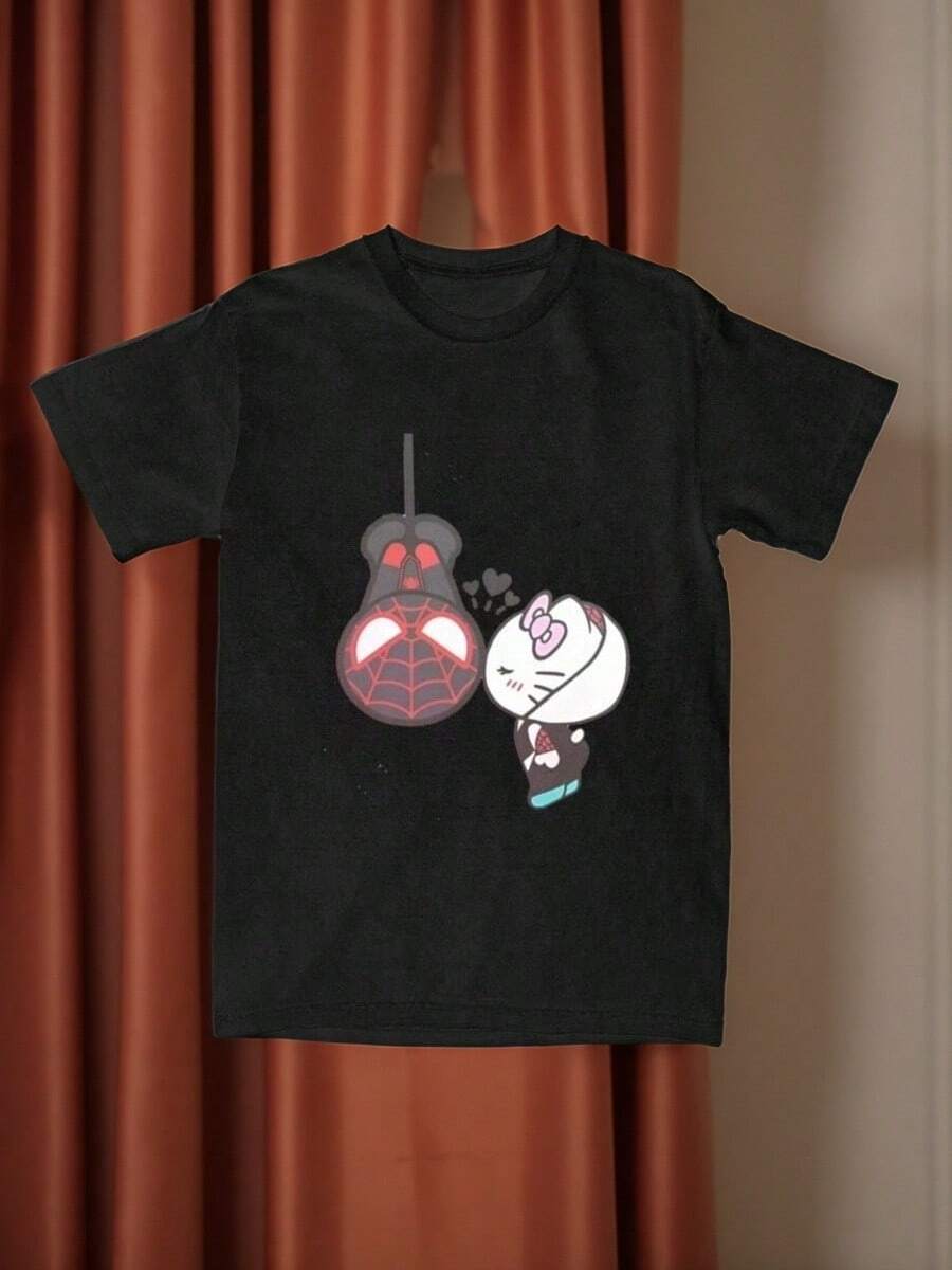 SanrioS Hello KittyS Cartoon SpidermanS T Shirt Short Sleeves Aesthetic Tops Summer 100 Cotton Crewneck Plus Size 3XL Clothing - màu đen - Xem 1