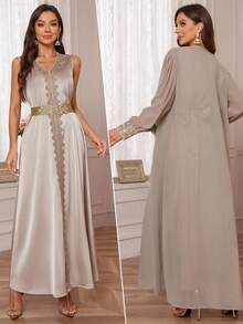 Abito elegante in pizzo con scollo a V e senza maniche, con spacco, con cintura staccabile e set di due pezzi con maniche lunghe di stile arabo