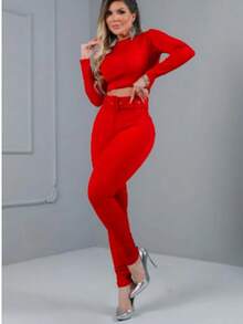 Women's 3D Ribbed Riding Pants Leggings With Belt High Waist Pocket - Rojo - Ver 2