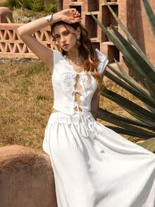 Faeriesty BohoBloom Lace Trim 2 Pieces Set: Sleeveless Cardigan Top And Flowing Midi Skirt - Essential Vacation Outfit (Beach, Garden Party, Holiday Wear) - White - View 10