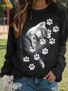 Plus Women's Cat Printed Cute T-Shirt - Black - View 1