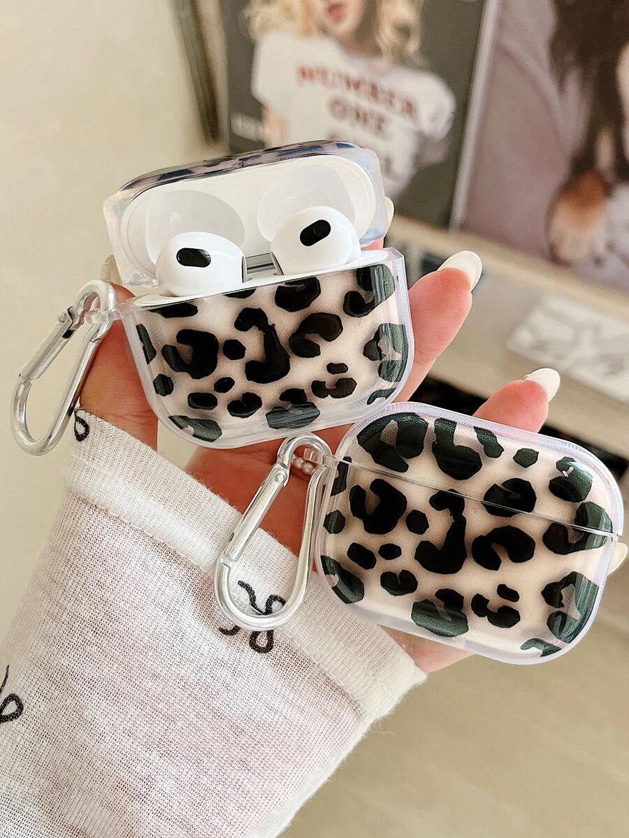Estuche para auriculares con estampado de leopardo transparente negro con estilo retro/Y2K, estuche para auriculares con elemento de estampado animal, estuche para auriculares de material TPU transparente con 1 gancho colgante, compatible con estuche para , auriculares, compatible con estuche para Pro 3, compatible con Pro (2.ª generación), compatible con 3, compatible con Pro, compatible con 1/2, compatible con estuche para 4