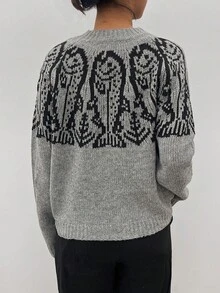 Women's Fashion Loose Casual Comfortable Fish Scale Pattern Colorblock Sweater - Grey - View 8