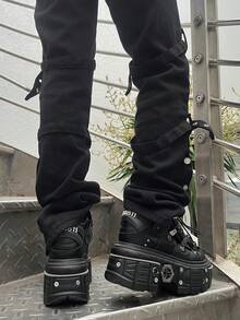 Fashion Women's Flat Platform Ankle Boots Black Round Toe High Heel Sneakers Thick Soft Sole Bottom Booties Lace-Up Metal Decor Halloween Y2K Style Sports Shoes - 黑色 - 查看 8