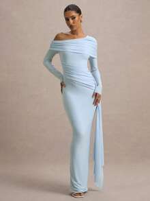 Vestido maxi ajustado con escote en V, manga larga, hombro asimétrico, volantes en el bajo, de color azul , para fiesta, Halloween o Navidad