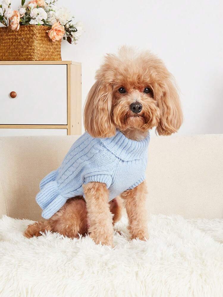 1pc Solid Color Pet Sweater, Dog Sweater Dress For Poodle, Maltese, Bichon Frise, Pomeranian, Schnauzer, Small Puppy - Blue - View 5