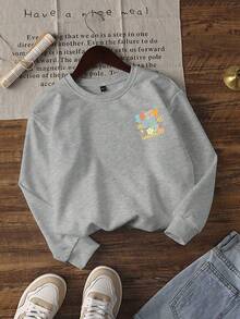 青少年女孩休闲图案印花圆领长袖运动衫，秋冬 - 灰色 - 查看 3