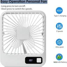 YITUMU Ventilateur de bureau mini rechargeable 1800 mAh, ventilateur de refroidissement portable à 5 vitesses, puissant flux d'air, fonctionnement silencieux, forme carrée, chargement USB, convient pour la maison, le bureau, la voiture et les voyages en extérieur