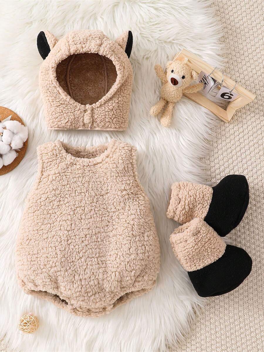 Baby Halloween Animal Outfits Plush Patchwork Sleeveless Round Neck Romper With Hat And Shoes 4Pcs Clothing Sets For Toddler Boys Girls Halloween Clothes - Khaki - View 1