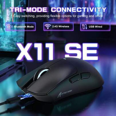  ATTACK SHARK X11SE Mouse Gamer Sem Fio Leve 59g, 3 Modos (2.4G/USB-C/Bluetooth), 22.000 DPI, Sensor Óptico PAW3311, 5 Botões Programáveis, Bateria 300mAh, para PC