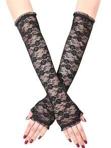 1对女士玫瑰花网纱袖套，适合节日穿着，秋季女装，情人节配饰 - 粉色 - 查看 3