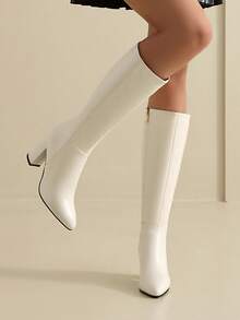 Women's Autumn Winter Thick Heel Pointed Toe Side Zipper Knee-High Boots, Fashionable High Heels - White - View 3