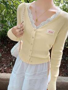 Women V-Neck Lace Patchwork Cardigan, Slim Fit Long Sleeve Knit Top, Spring/Summer New Arrival - Light Yellow - View 1