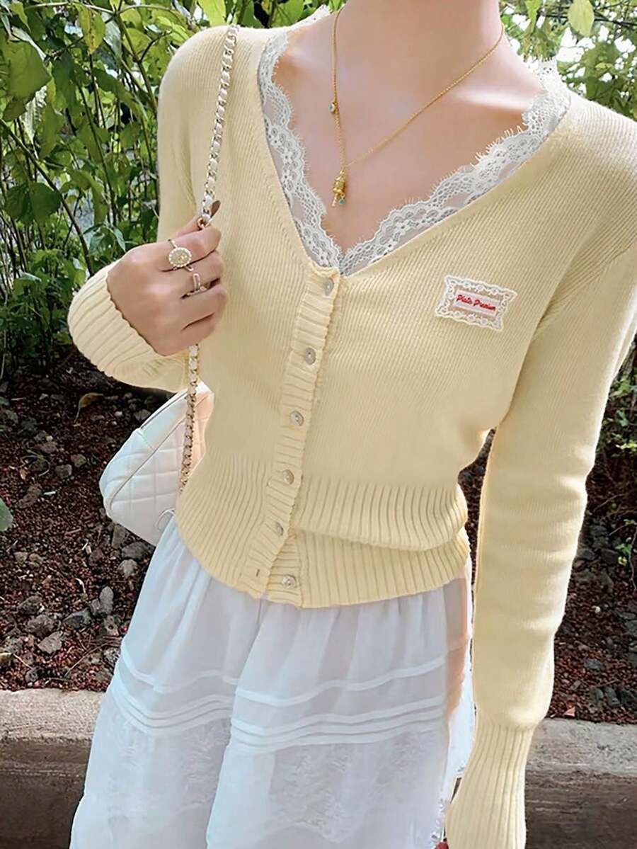 Women V-Neck Lace Patchwork Cardigan, Slim Fit Long Sleeve Knit Top, Spring/Summer New Arrival - Light Yellow - View 1