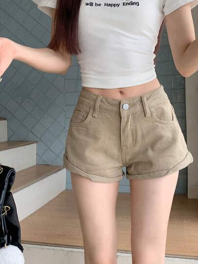 Leg-Lengthening Sexy Playful Rolled Hem White Denim Shorts, Khaki Hot Pants For Women Casual Summer