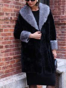 Women's Long Sleeve Contrast Color Big Fur Collar Warm Faux Fur Coat - Dark Grey - View 4