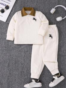 2pcs/Set Toddler Boys' Casual Style Apricot Long Sleeve Top And Pants Set, Collar, Textured Fabric, Embroidery, Suitable For Everyday, Casual, Vacation, Party, Spring/Autumn - Apricot - View 1