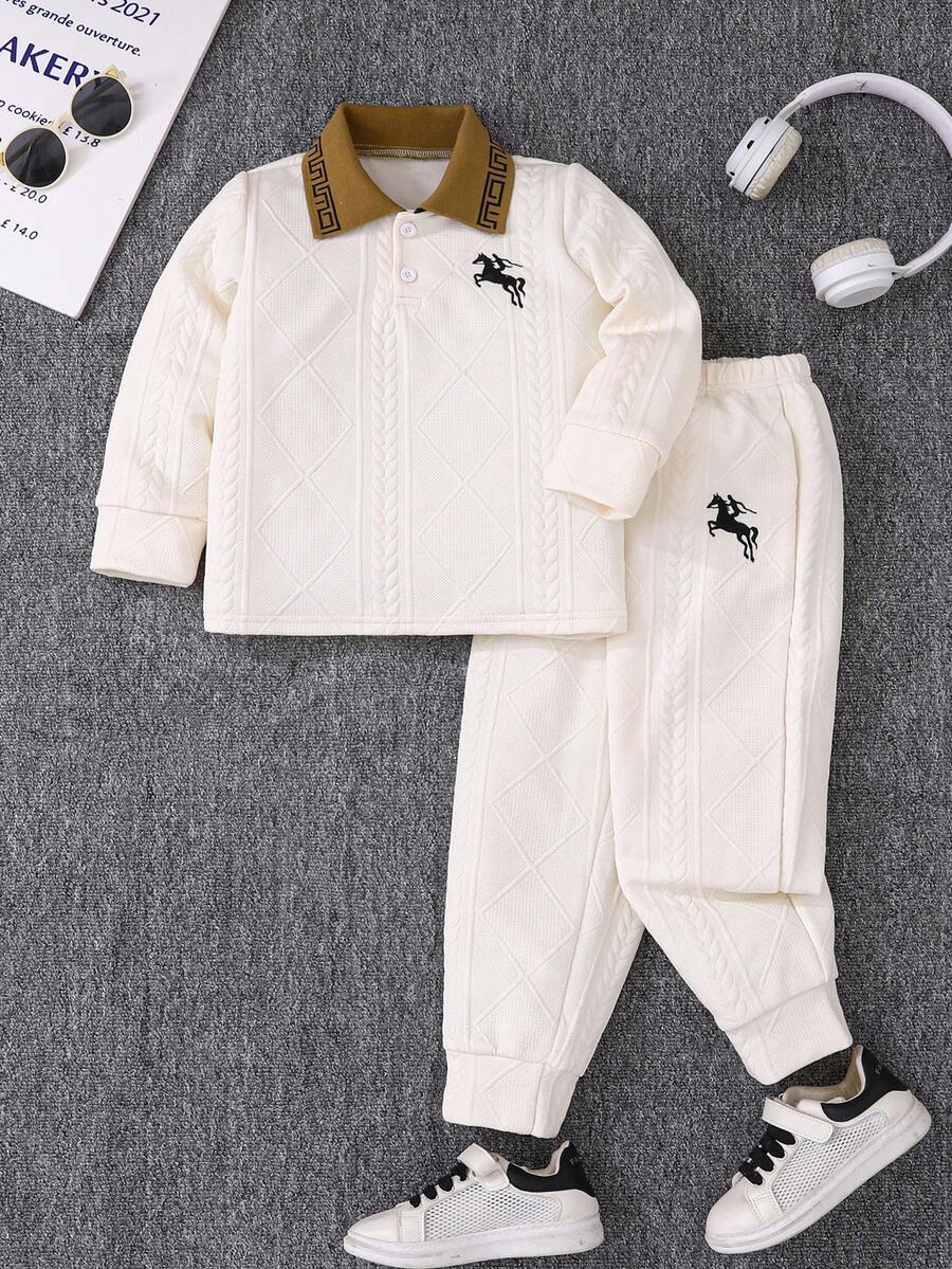 2pcs/Set Toddler Boys' Casual Style Apricot Long Sleeve Top And Pants Set, Collar, Textured Fabric, Embroidery, Suitable For Everyday, Casual, Vacation, Party, Spring/Autumn - Apricot - View 1