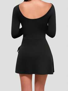 YEIFIN 运动型女式纯色二合一系带前开衩下摆运动连衣裙，春夏服装网球服装，运动长袖船领紧身连体衣，适合户外运动徒步网球骑行普拉提女士运动装，适合所有季节网球裙 - 黑色 - 查看 2