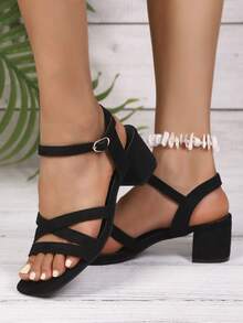 1 双时尚粗跟女式凉鞋，带露跟带，纯色露趾，简约时尚，绒面革包跟，欧美设计 - 交叉黑 - 查看 4