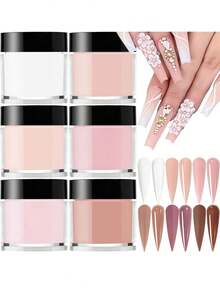 6色亚克力粉套装，裸色、粉色、白色高光泽亚克力粉套装，美甲DIY艺术设计，6色亚克力美甲3D雕塑法式美甲延长及美甲雕刻，专业聚合物3D亚克力美甲套装，赠送亚克力按压式美甲贴片 - 彩色 - 查看 2