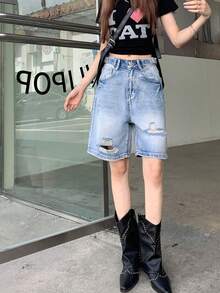 女式腰带设计破洞喇叭裤九分牛仔裤 - 藍色 - 查看 2