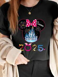 Women's Casual Short Sleeve T-Shirt - Cute Cartoon Characters And Floral Print, Soft Stretch Crew Neck Tee, Machine Washable, Playful Graphics, Premium Casual Wear - 黑色 - 查看 1