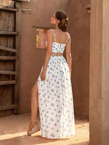 Faeriesty Conjunto de 2 piezas BohoBloom: Blusa corta con volantes + Falda midi de línea A con abertura alta, adecuado para vacaciones en la playa, festivales de música de verano, excursiones al aire libre, citas de picnic, escapadas de fin de semana - Azul y blanco - Ver 2