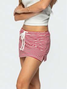 Women Y2k Mini Skirts Solid Color Low Rise Drawstring Skirts Elastic Waist Bow Front Short Skirt Stretchy Side Slit Pencil Skirts Summer Casual Streetwear - 紅白色 - 查看 6