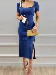 Vestido Bodycon Con Abertura En El Dobladillo De Manga Larga En Color Sólido - Azul - Ver 1