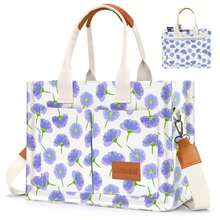 Canvas Tote Bag For Women With Pockets Crossbody Bag Tote Shoulder Handbags Casual Work Bags Everything Tote Bag - 淺紫藍花 - 查看 1