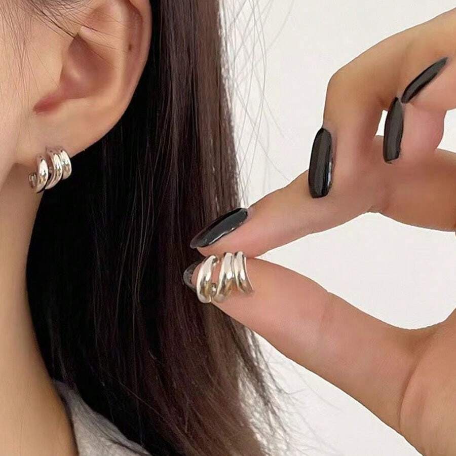 1对，高级三层圆形耳钉，女士款 - 节日、生日、特殊场合及情人节的完美礼物 - 銀色 - 查看 1