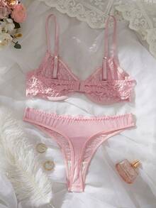2 件套女士蕾丝细肩带文胸和内裤套装，内衣套装，外出 - 粉色 - 查看 4