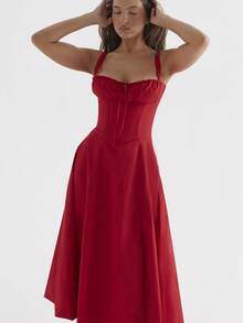 Verano viajero temperamento color sólido moda de gama alta halter vestido falda femenina - Rojo - Ver 3