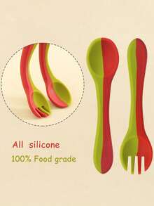 2PCS/Set Personalized Customization Name Baby Silicone Utensils Feeding Learning Children Tableware Custom Baby Soft Spoon Forkback To School Winter Gift Ideas Boy Girl Valentine's Day - Multicolor - View 5
