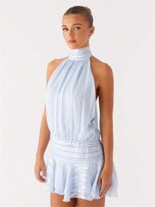 Women's Pleated Waist Sheer Mesh Ruffle Mini Dress Summer Casual Halter Neck High Neck Bodycon Short Dress Self-Tie Backless Sundress Party Clubwear - 藍色 - 查看 4