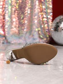 Elegant Women's High Heel Slip-On Slide Sandals, Summer Vacation Style, Glossy Sexy Slip-On French Mule Shoes For Party, Ball And Holiday - Silver - View 4