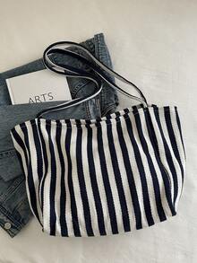 时尚复古条纹帆布手提包，大容量，用途广泛，是工作、上学或户外活动的理想之选，可用作背包、帆布包或沙滩包。 - 深色水洗藍 - 查看 6