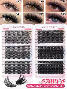 CMAYOME 600/570片D型卷翘分段式假睫毛套装，30D+40D+50D+60D+80D+100D混合浓密黑色自然蓬松单根假睫毛，居家DIY，大容量，新手易上手，持久舒适佩戴，适合派对、节日、婚礼等场合，8-16mm混合长度睫毛套装 - 黑色 - 查看 16