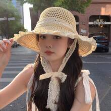 1pc Minimalist Versatile Beach Lace Sun Protection Woven Straw Hat Valentines - Beige - View 1