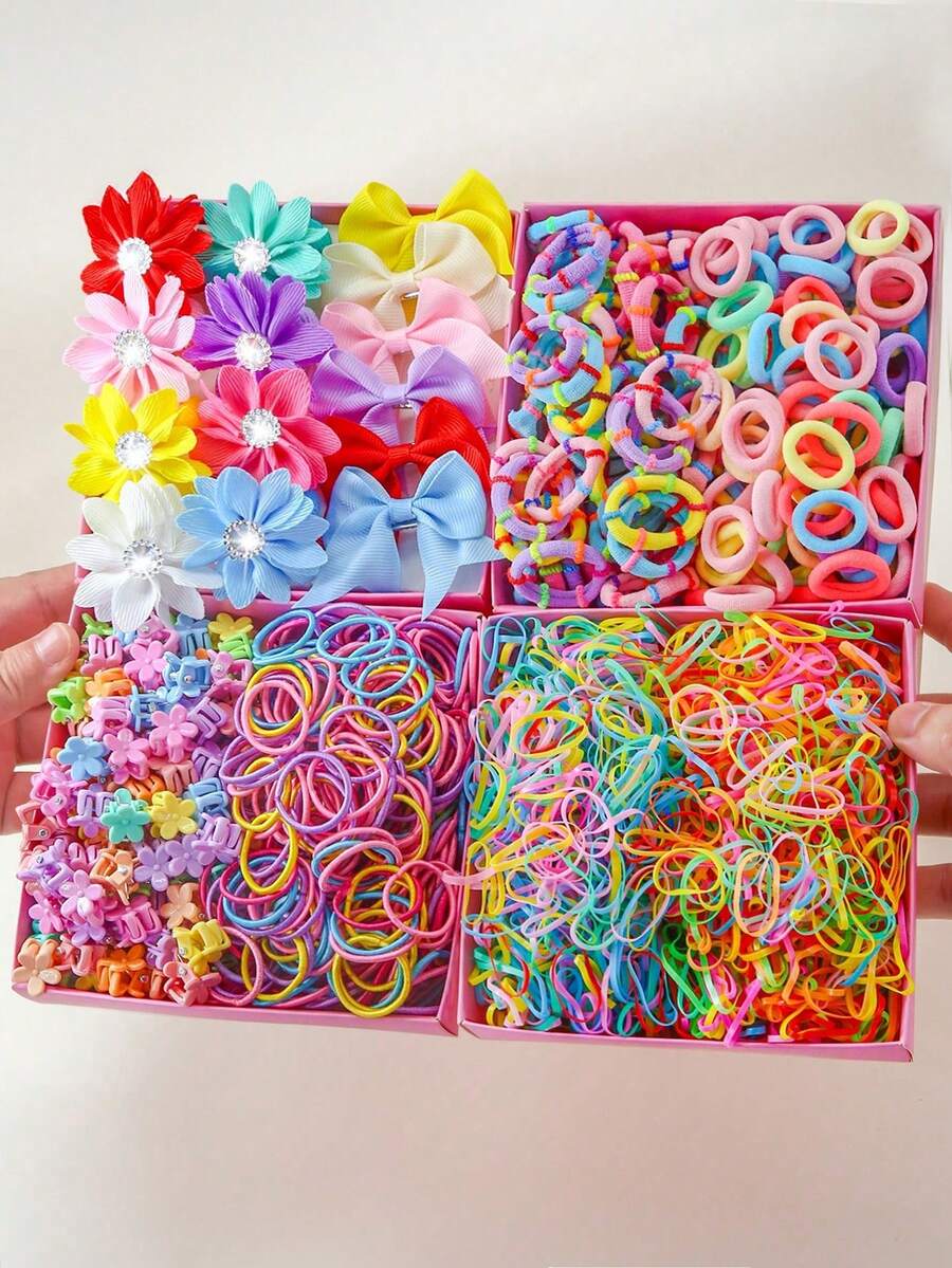Set de 889/700/115/50 piezas de pinzas para el cabello con diseños de flores, corazones y lazos, scrunchies, ligas para el cabello, accesorios para el cabello para niñas, para uso diario y como regalo - Multicolor - Ver 1