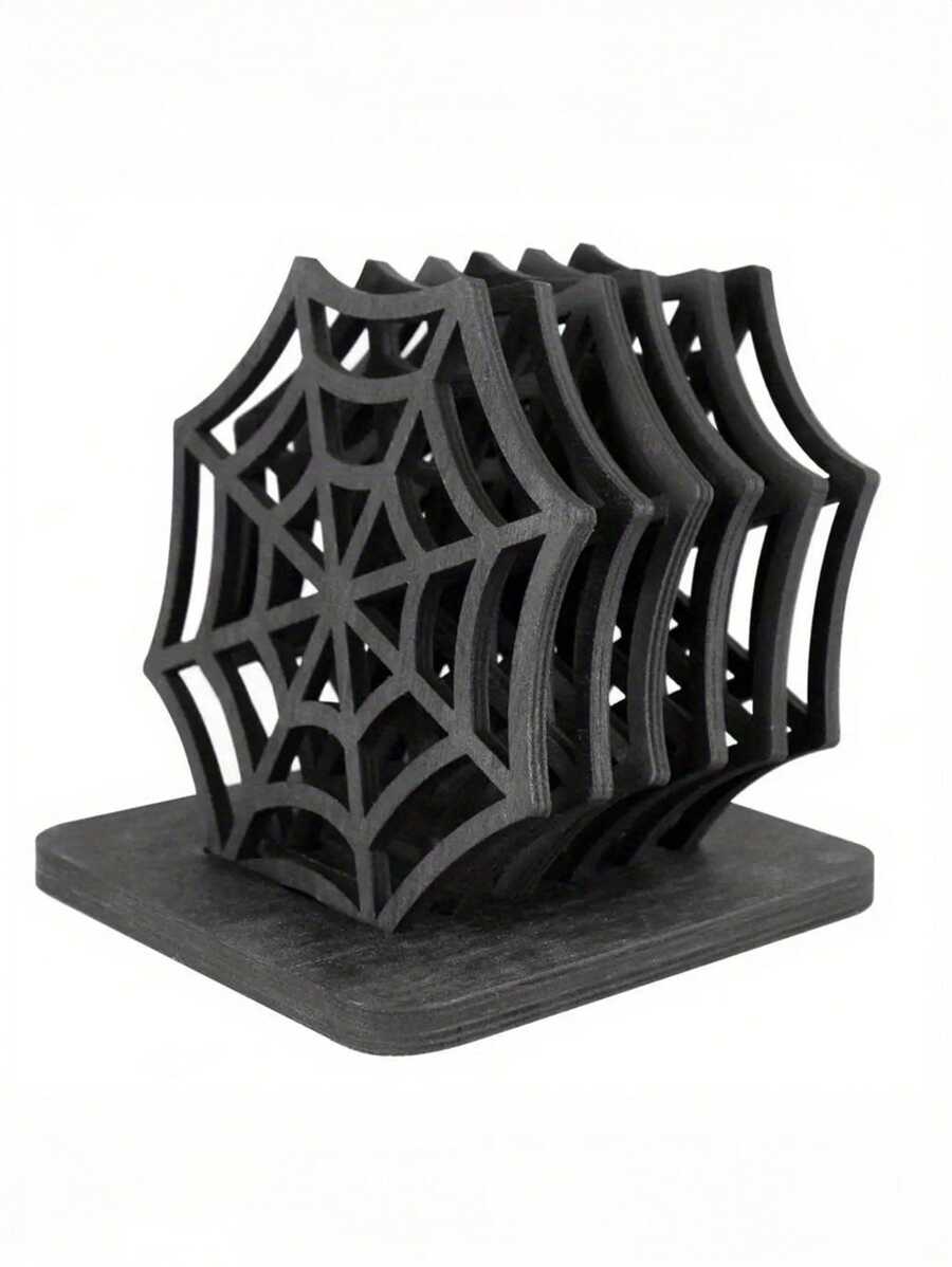 7-Piece Set Spooky Spider Web Coasters - Halloween Table Decor, Festive Wooden Placemats Set For Home & Kitchen